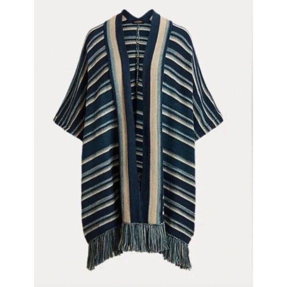 Lauren Ralph Lauren French Navy Striped Cotton Fringe Trim Pancho Cardigan OS - Picture 1 of 8